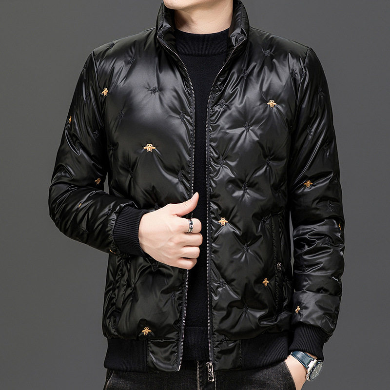 欧洲站刺绣羽绒服男士冬季短款潮牌休闲韩版修身保暖立领大码外套