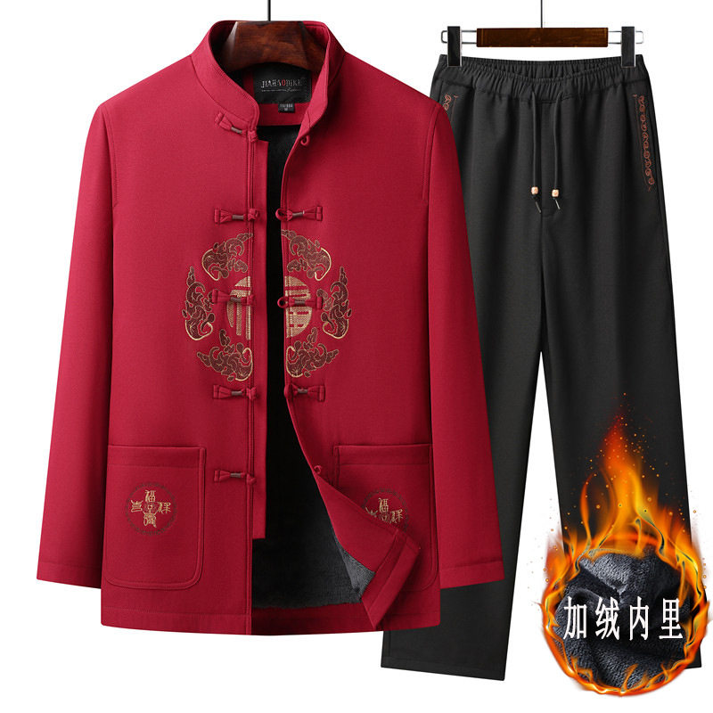 唐装男中老年冬装加绒加厚棉袄套装爸爸装夹克棉衣外套老人衣服