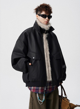 黑色绑带拼接皮衣外套男女冬重磅加绒座山雕棉服高街痞帅情侣棉衣