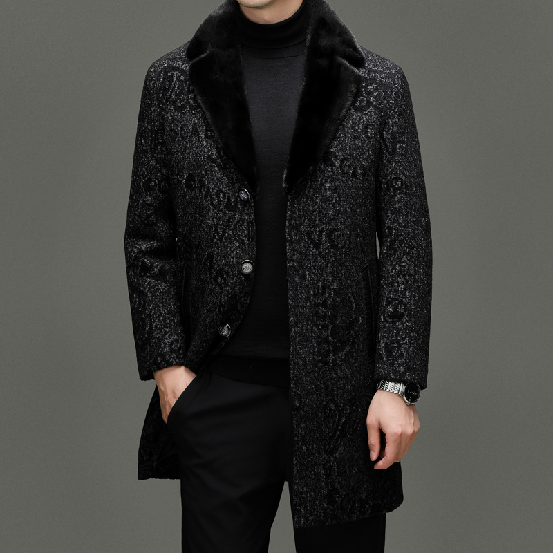 男士水貂毛领中长款羊毛大衣中年时尚潮流皮草外套小香风男爸爸装