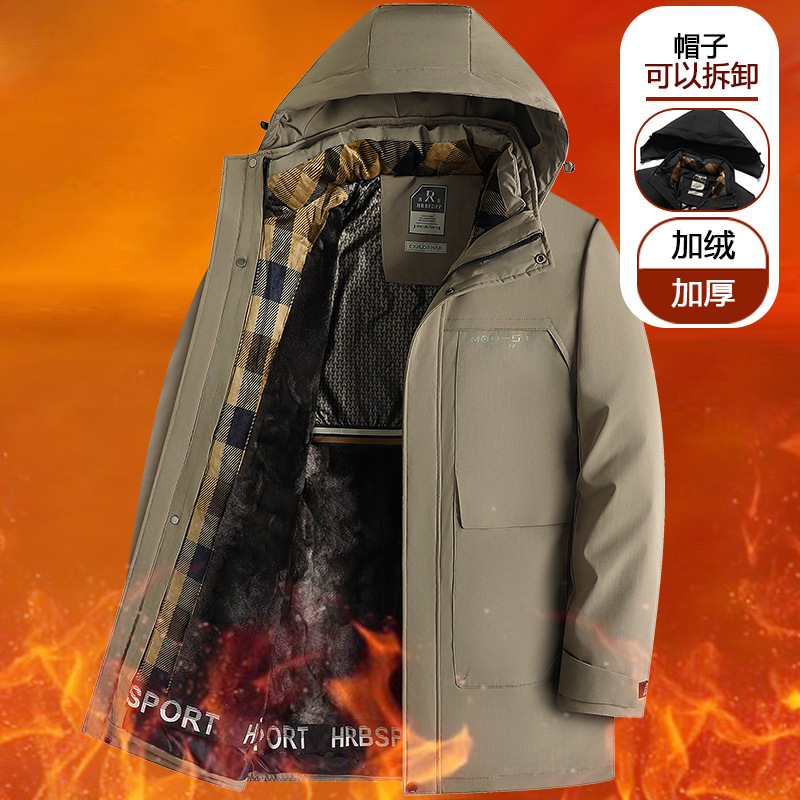 高品质棉衣男外套加绒加厚保暖中老年连帽棉服男中长款内胆可脱卸
