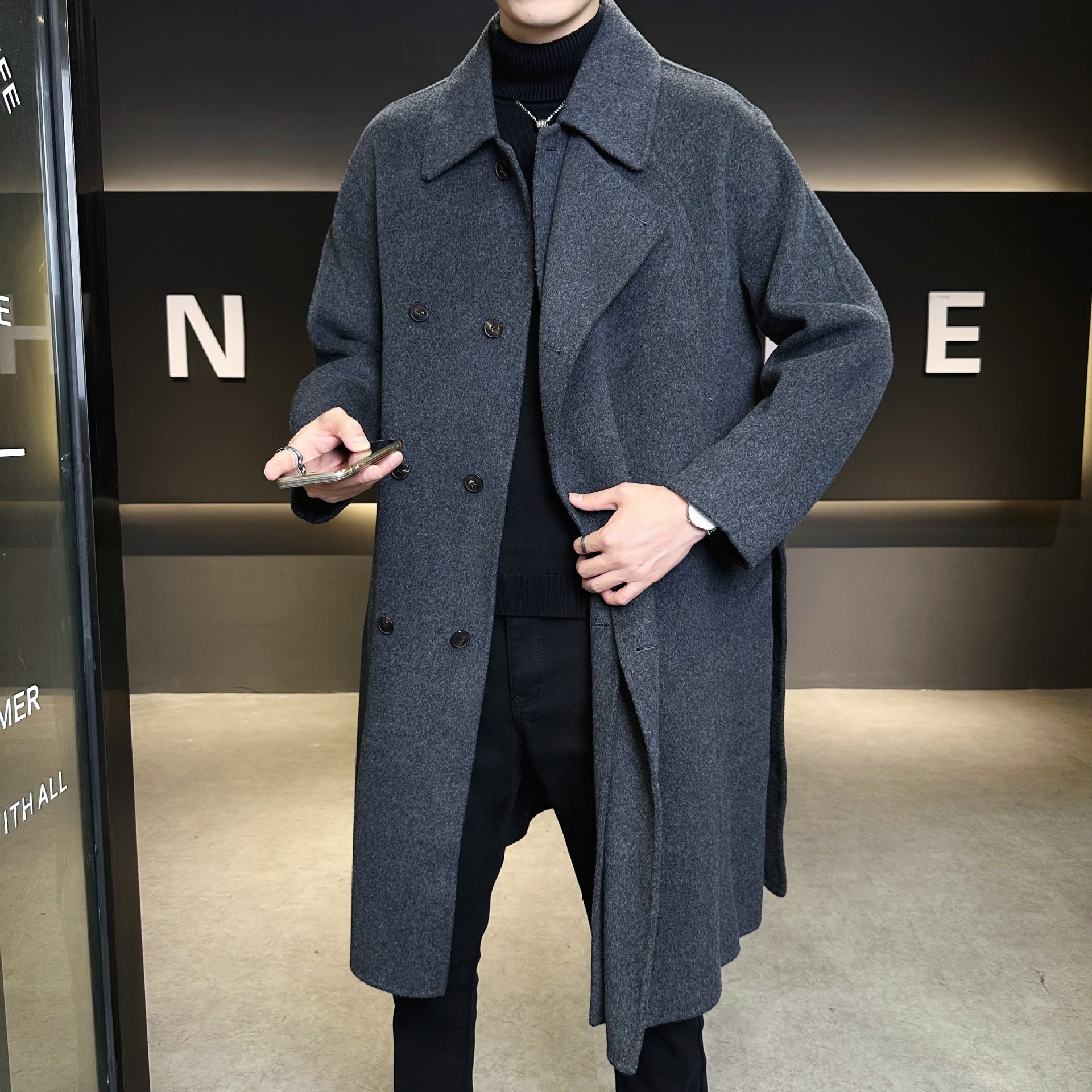 英伦风宽松双领腰带大衣男羊毛秋冬毛呢咖啡色