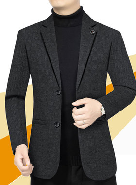 西装领夹克男毛呢外套秋冬季中年男士羊毛休闲小西服深灰色