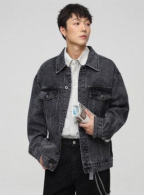 秋冬季水洗黑灰色美式高街牛仔夹克男2025年新款流行棒球衣外套