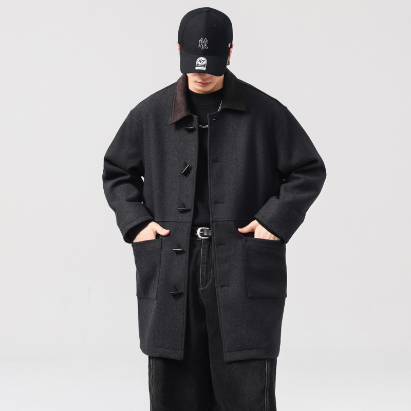 高端毛呢风衣外套男士秋冬季新款宽松高级感纯色翻领绵羊毛大衣