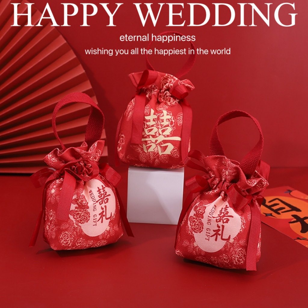 新款花卉婚礼喜糖袋结婚手提抽绳糖果袋帆布喜糖盒免折叠高级