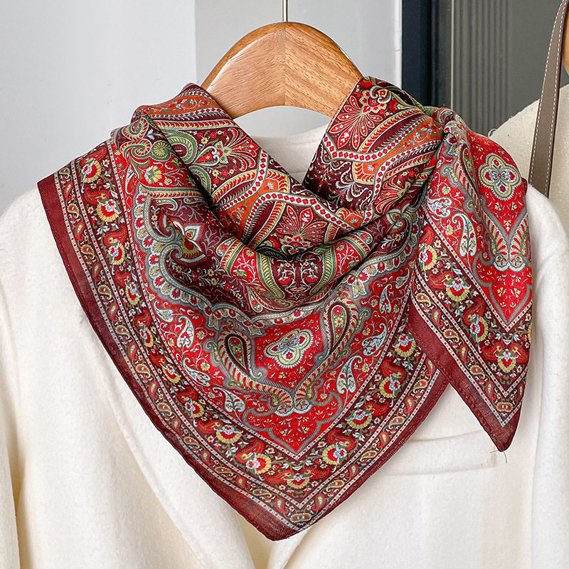 中国红色腰果花丝巾70仿真丝小方巾女春秋民族风头巾护颈棉麻围巾