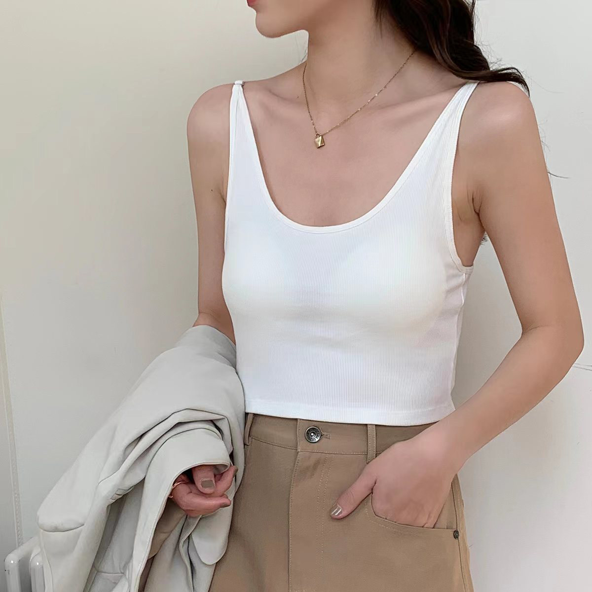 夏短款螺纹棉美背带胸垫内搭大胸显小可外穿遮副乳显瘦时尚薄背心