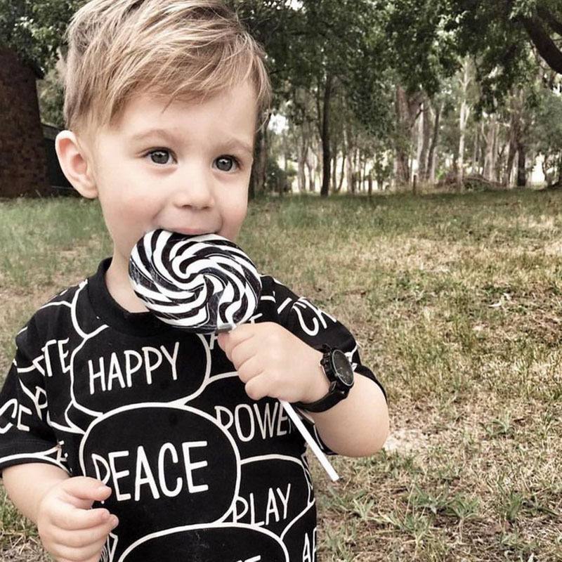 ins爆款夏季新款男童女童宝宝欧美黑色字母印花儿童棉短袖t恤潮