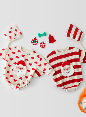 ins秋冬加绒长袖婴儿可爱男女宝宝圣诞红色条纹哈衣+打底袜套装