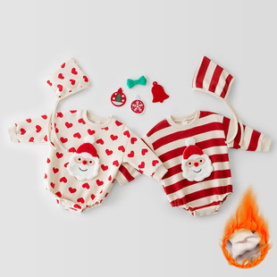 打底袜套装 ins秋冬加绒长袖 婴儿可爱男女宝宝圣诞红色条纹哈衣