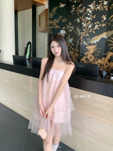 江浙沪千金穿搭法式超仙网纱吊带连衣裙女海边度假风蓬蓬a字短裙