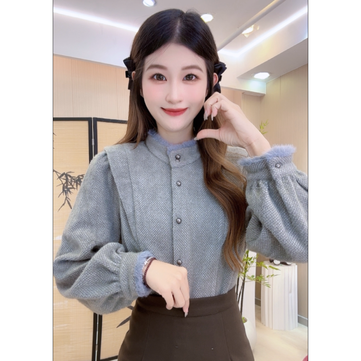 【785】冬季加厚设计感时尚立领通勤衬衫女款轻奢高级感港风上衣