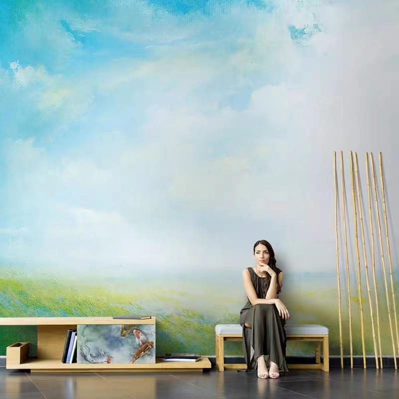 北欧油画蓝天墙布装饰电视背景墙纸客厅餐厅高档壁画手绘墙布壁布图片