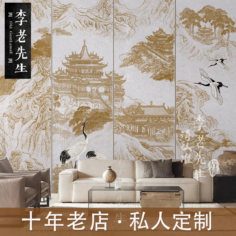 2022年新款壁纸古风电视背景墙纸定制壁画新中式楼阁仙鹤装饰墙布图片