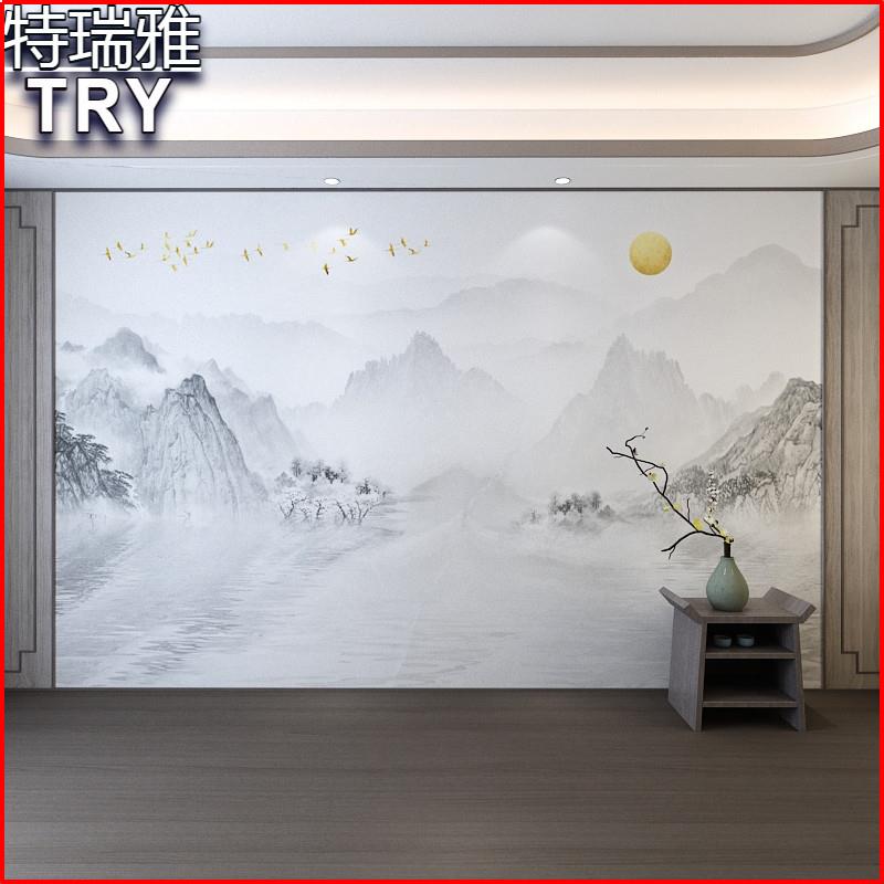 8D新中式山水电视背景墙壁纸客厅沙发墙纸壁画办公室装饰墙布茶室