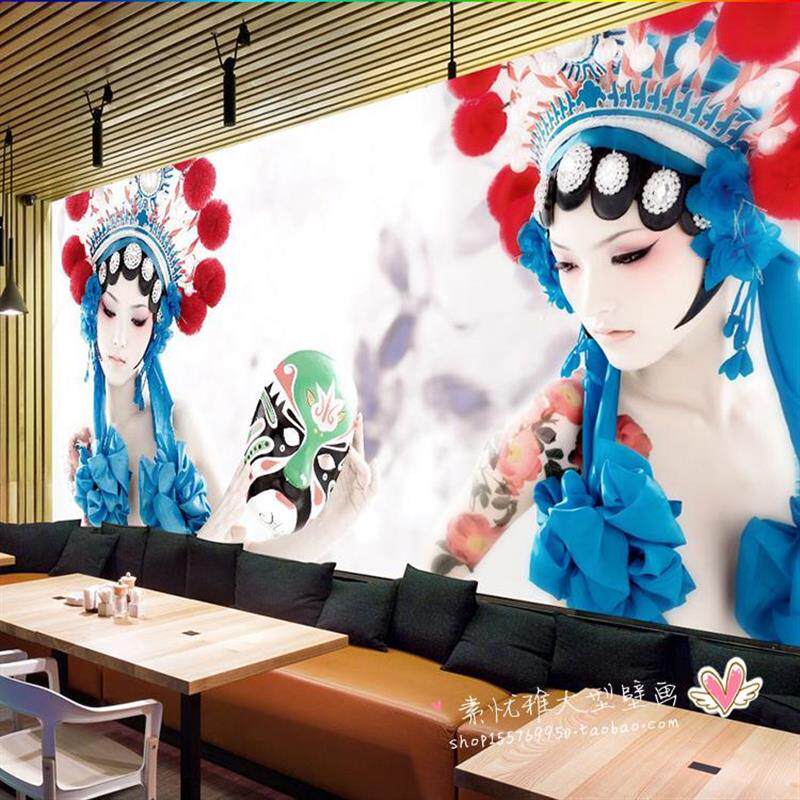 纹身店墙纸美女刺青纹绣店壁纸美容院大型壁画京剧脸谱人物背景墙