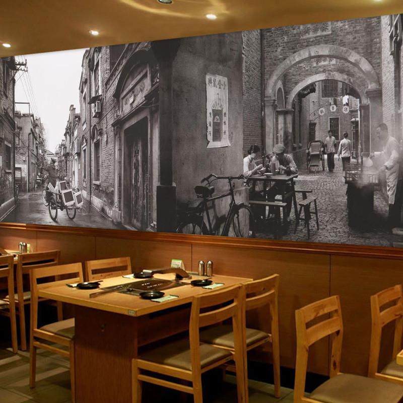民国老上海滩壁纸黑白街景影楼背景墙纸怀旧主题小吃餐厅装饰壁画