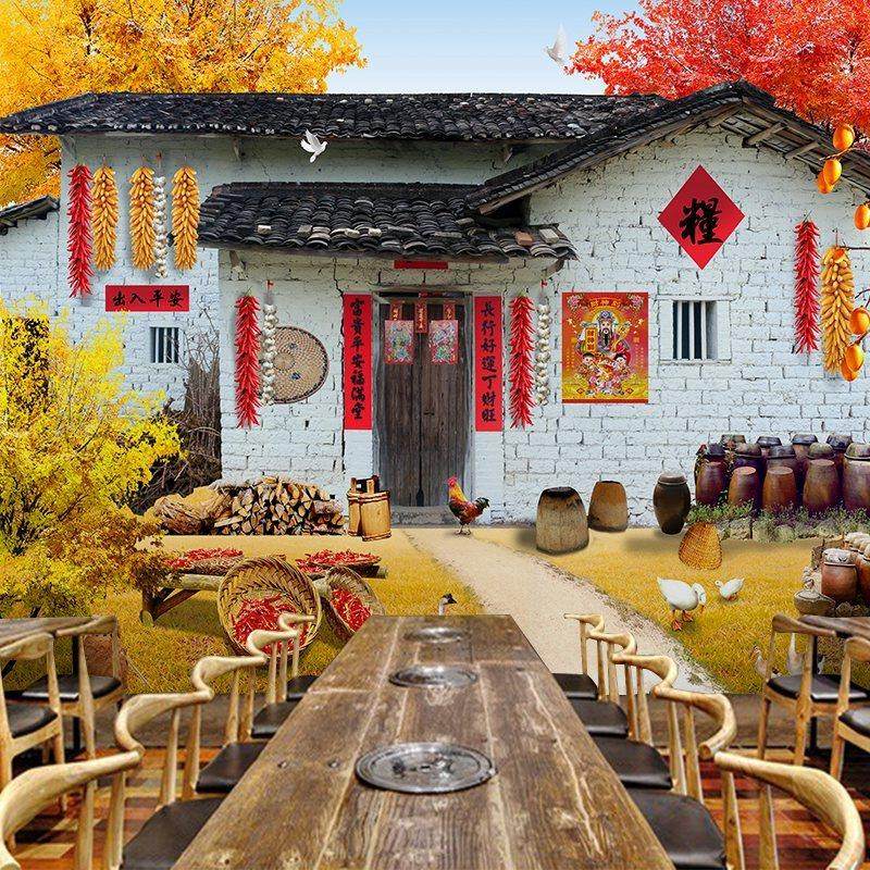 乡村农家乐墙纸复古农村怀旧背景墙壁画东北土菜馆铁锅炖饭店壁纸