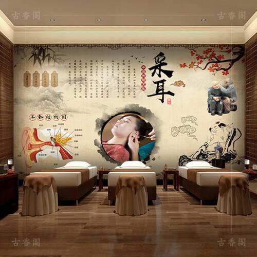 定制3D采耳店自粘背景壁纸中医复古风养生文化养生馆洗鼻洗眼壁画