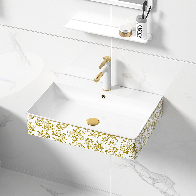 金边花纹陶瓷洗手盆壁挂墙式挂盆大洗漱盆洗面盆洗脸盆水盆洗手池