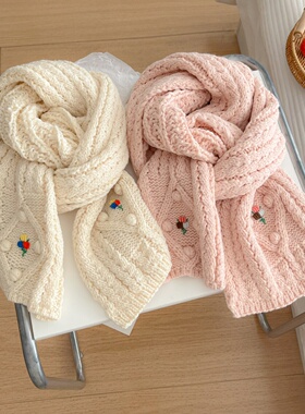 软糯学生甜美小清新针织毛线围巾女2025秋冬款围脖软妹ins风绣花