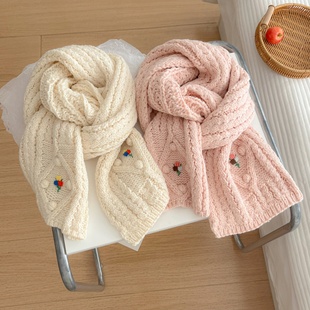 软糯学生甜美小清新针织毛线围巾女2025秋冬款 围脖软妹ins风绣花