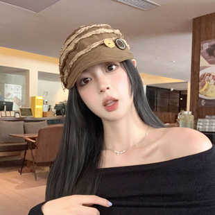 复古做旧毛边鸭舌帽子女秋冬百搭显脸小报童帽大头围逛街软檐新潮