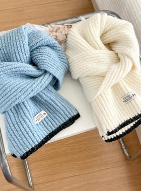 蓝色围巾女秋冬季保暖毛线针织围脖学生纯色小清新百搭韩版防风厚