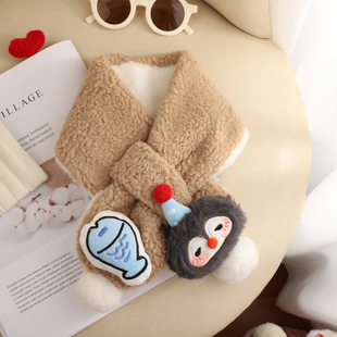 儿童小围脖秋冬季 保暖毛绒绒围巾护颈防风卡通可爱企鹅2025新甜美