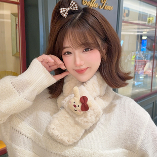 可爱小熊毛毛围脖女秋冬季 加厚毛绒围巾日系甜美软妹学生卡通新款