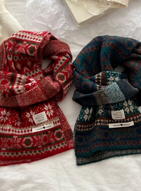 复古费尔岛风围脖女秋冬保暖毛线针织围脖男情侣学生韩版百搭红色