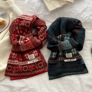 复古费尔岛风围脖女秋冬保暖毛线针织围脖男情侣学生韩版 百搭红色