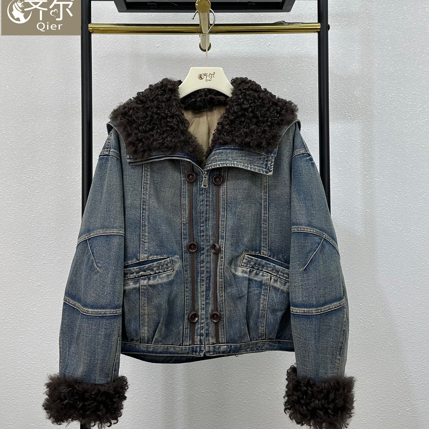 正品海宁新款牛仔白鹅绒羽绒服女冬季保暖羊毛真皮毛一体皮草外套