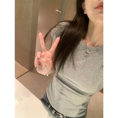 ASHENONLINE超好穿上衣女春夏时尚修身收腰圆领灰色正肩短袖t恤