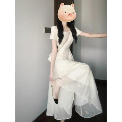 2025高个子白色连衣裙女法式桔梗收腰加长夏日绝美方领气质小裙子