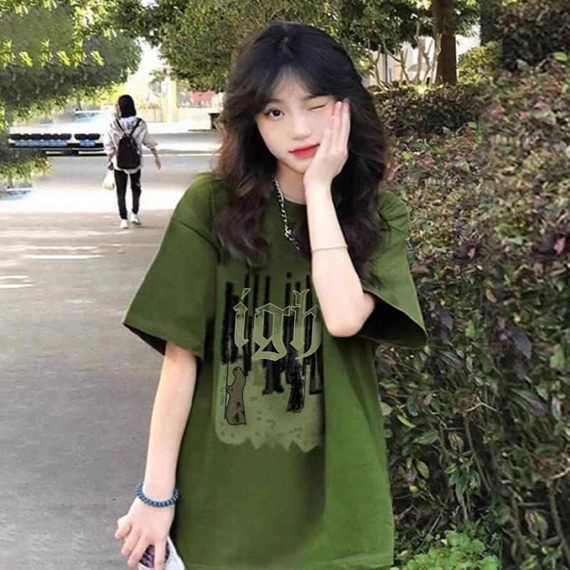 绿色短袖t恤女2025新款爆款夏季潮牌中长款大版宽松半袖纯棉上衣