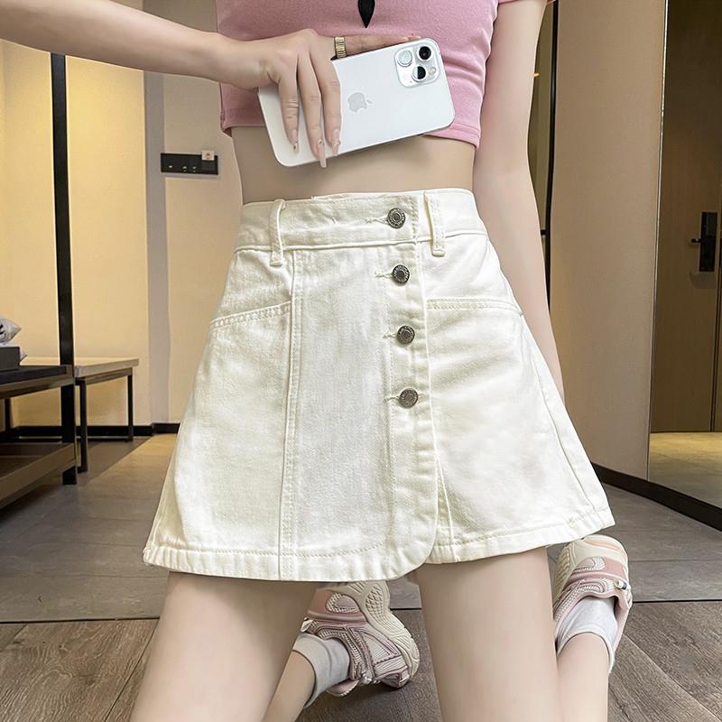白色排扣牛仔短裤裙女2025年夏季薄款辣妹时尚显瘦宽松高腰短裙子