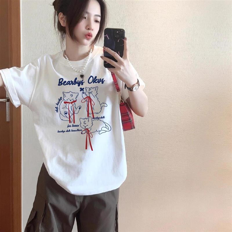 重磅纯棉美式复古白色短袖t恤女夏季2025新款爆款宽松慵懒风上衣
