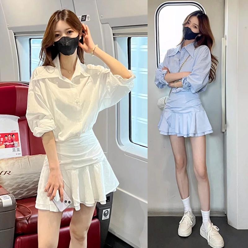 白色假两件长袖衬衫连衣裙子女装夏季2025新款小个子法式气质短裙