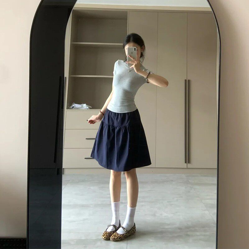 夏季穿搭日系半身裙女夏天2025新款中裙子运动掐腰a字半裙小个子