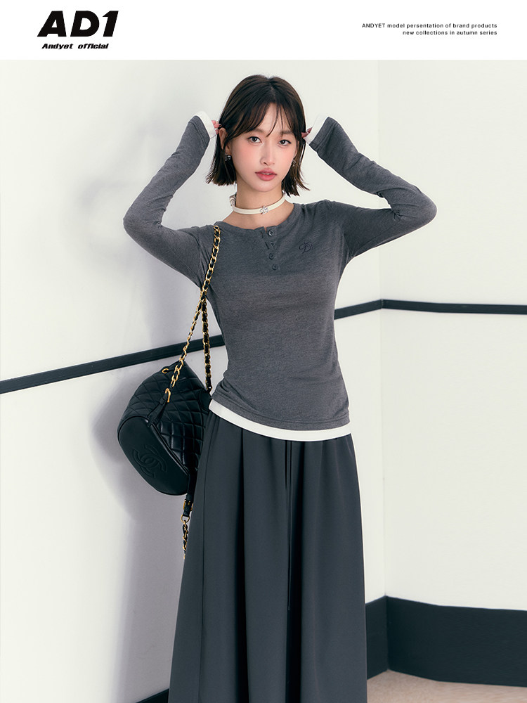 ANDYET AD1 오리지널 그레이 통근 가짜 투피스 긴팔 탑 드로스트링 A 라인 스커트 여성용 심플 정장