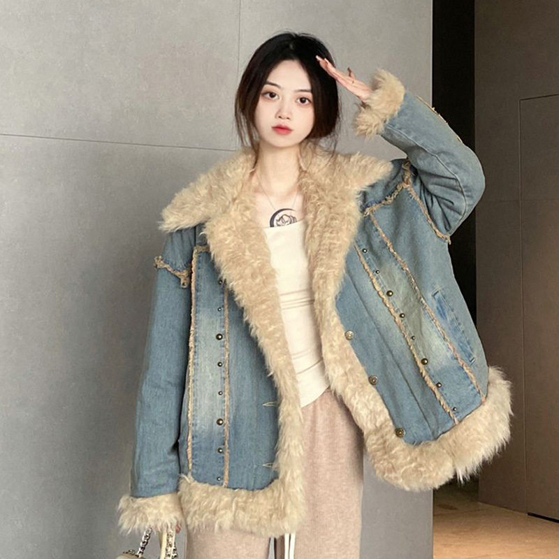 羊羔毛绒牛仔外套女秋冬慵懒风夹棉衣/棉服