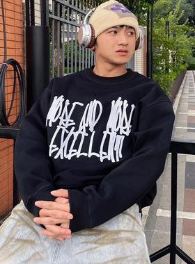 STA国潮美式复古涂鸦字母boxy圆领卫衣男女春秋新款重磅情侣上衣