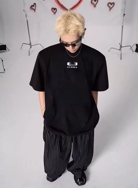 STA国潮美式简约短袖T恤男女夏季新款潮牌宽松重磅纯棉情侣bf上衣