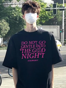 复古宽松情侣纯棉上衣潮 美式 STA国潮多行粉色标语短袖 T恤男女夏季