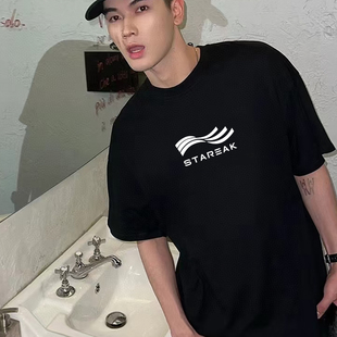 宽松高街重磅情侣上衣潮 T恤男女夏季 STA国潮美式 复古波浪条纹短袖