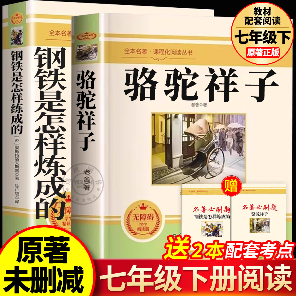 骆驼祥子钢铁是怎样炼成的 全套2册 老舍原著正版七年级下册课外书必读正版的名著 7年级初一下语文书目推荐初中课外阅读书籍样子