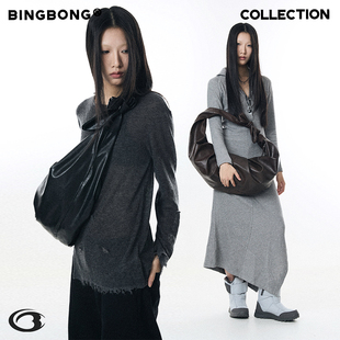 礼物 BINGBONG 夜 中号 简约牛角包早春打结褶皱单肩斜挎包 原创