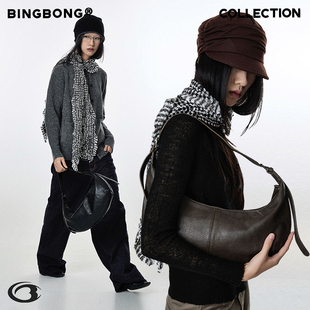 BINGBONG hobo秋冬韩系可爱饺子包复古棕色单肩腋下包女 查查月牙